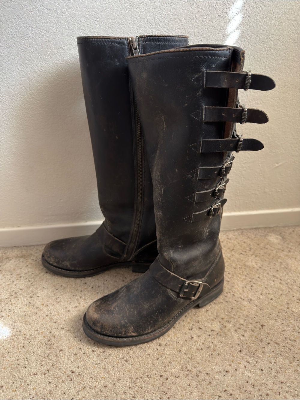 Frye distressed motorcycle boots, limited edition. Worn once. Like new!